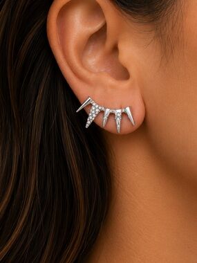 NEW - Dazzling Silver Spike Pave Rhinestone Statement Post Ear Cuffs Climbers